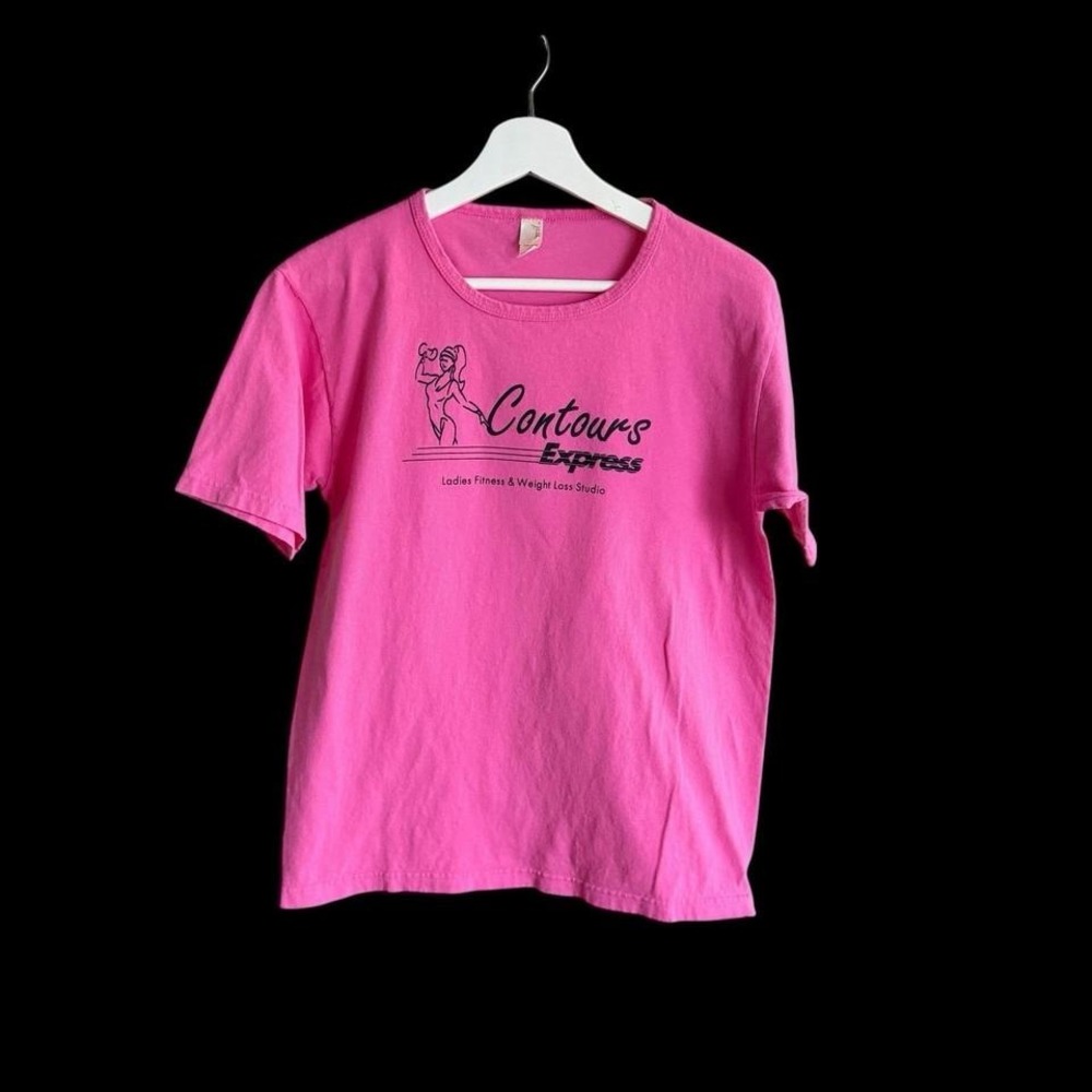 Vintage 80s Contours Retro‎ Workout Pink Shirt Womens Medium Anvil Scoop Neck